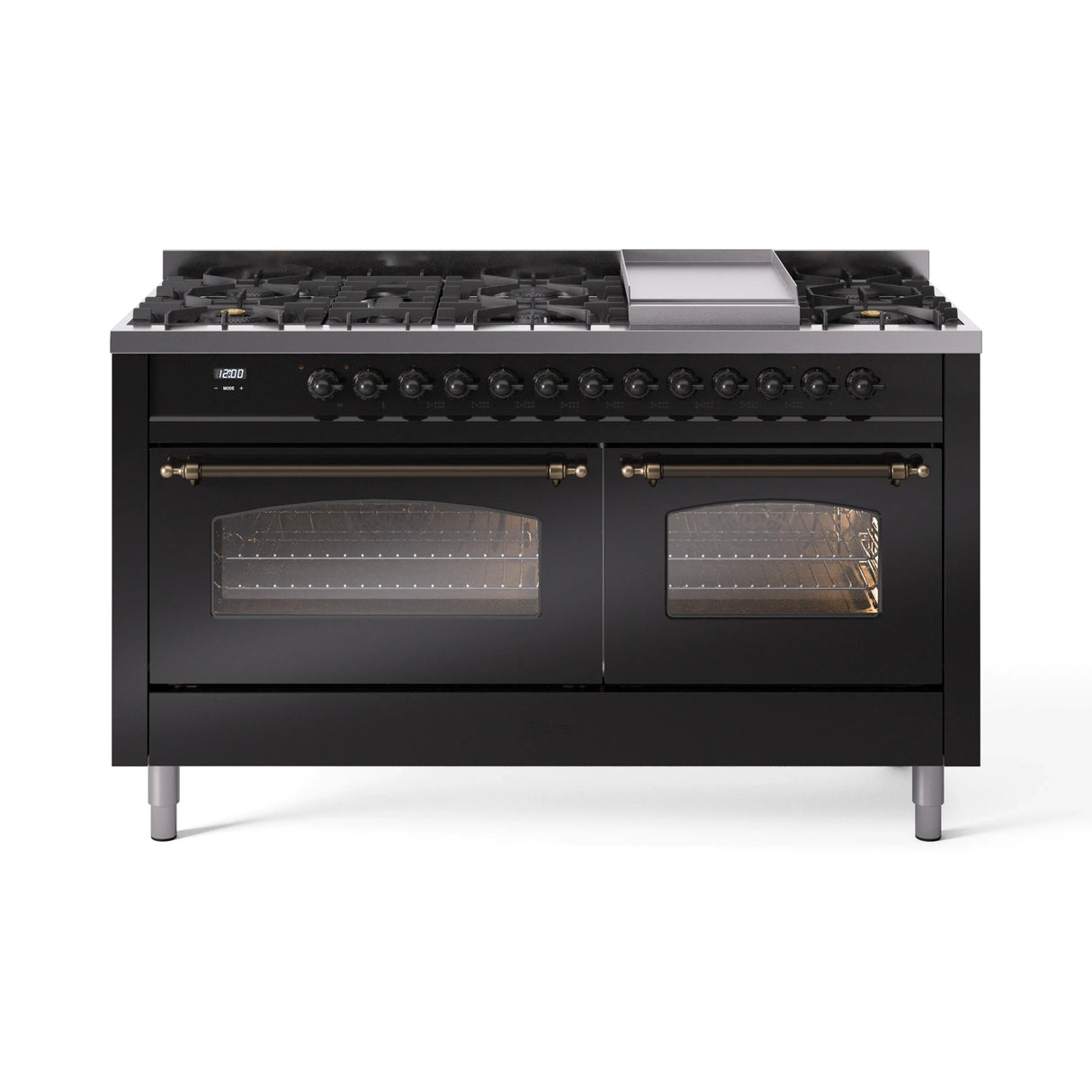 ILVE 60-Inch Nostalgie II Natural Gas Dual Fuel Range with 9 Burners, Griddle and Triple Glass Door Oven in Glossy Black with Bronze Trim (UP60FNMPBKB)