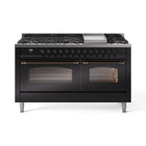 ILVE 60-Inch Nostalgie II Natural Gas Dual Fuel Range with 9 Burners, Griddle and Triple Glass Door Oven in Glossy Black with Bronze Trim (UP60FNMPBKB)