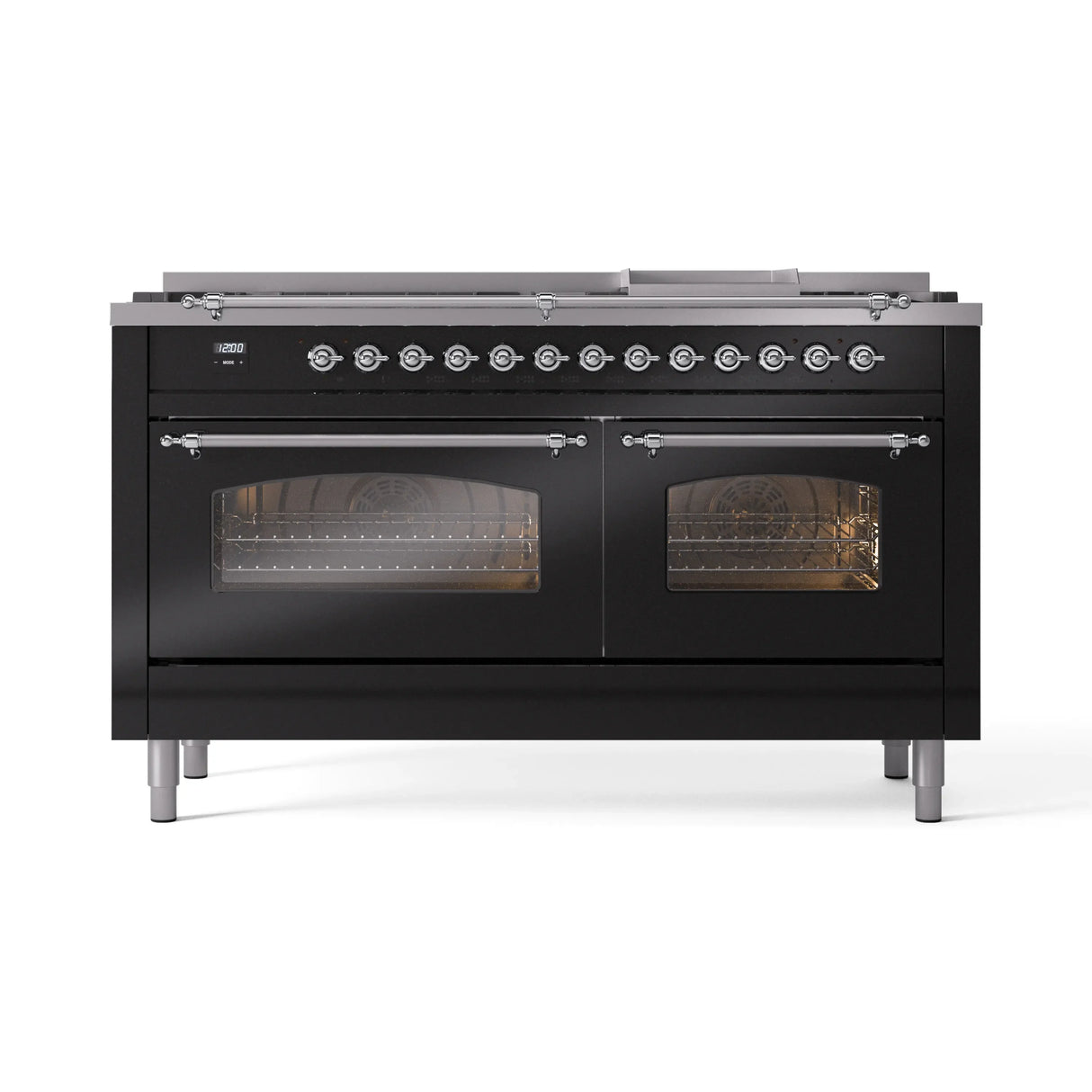 ILVE 60-Inch Nostalgie II Propane Gas Dual Fuel Range with 9 Burners, Griddle and Triple Glass Door Oven in Glossy Black with Chrome Trim (UP60FNMPBKCLP)