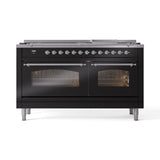 ILVE 60-Inch Nostalgie II Propane Gas Dual Fuel Range with 9 Burners, Griddle and Triple Glass Door Oven in Glossy Black with Chrome Trim (UP60FNMPBKCLP)