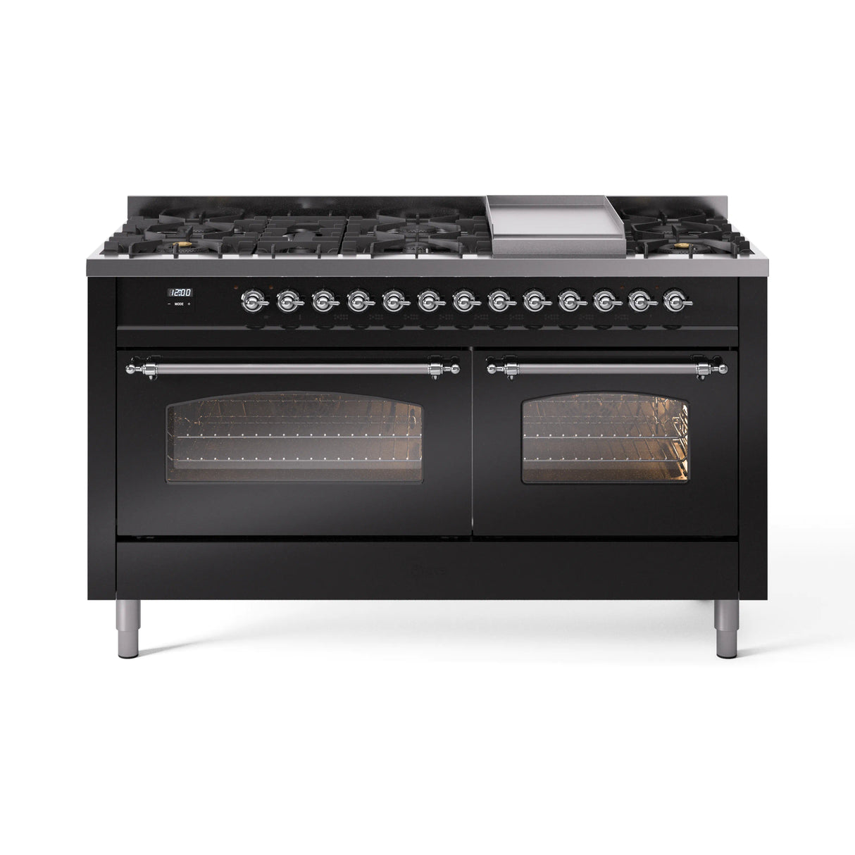 ILVE 60-Inch Nostalgie II Propane Gas Dual Fuel Range with 9 Burners, Griddle and Triple Glass Door Oven in Glossy Black with Chrome Trim (UP60FNMPBKCLP)