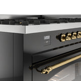 ILVE 60-Inch Nostalgie II Propane Gas Dual Fuel Range with 9 Burners, Griddle and Triple Glass Door Oven in Glossy Black with Brass Trim (UP60FNMPBKGLP)