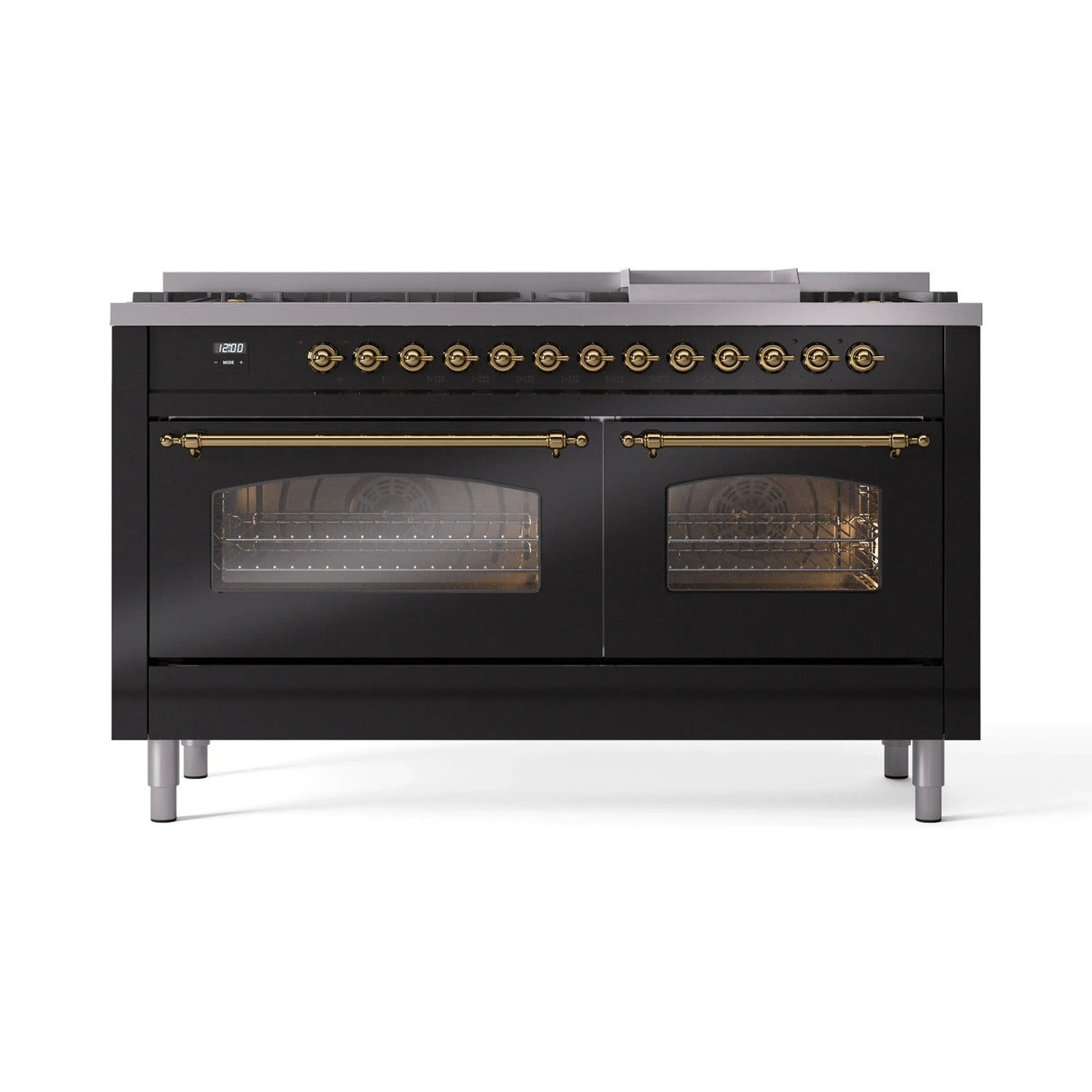 ILVE 60-Inch Nostalgie II Propane Gas Dual Fuel Range with 9 Burners, Griddle and Triple Glass Door Oven in Glossy Black with Brass Trim (UP60FNMPBKGLP)