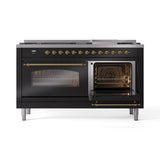 ILVE 60-Inch Nostalgie II Propane Gas Dual Fuel Range with 9 Burners, Griddle and Triple Glass Door Oven in Glossy Black with Brass Trim (UP60FNMPBKGLP)