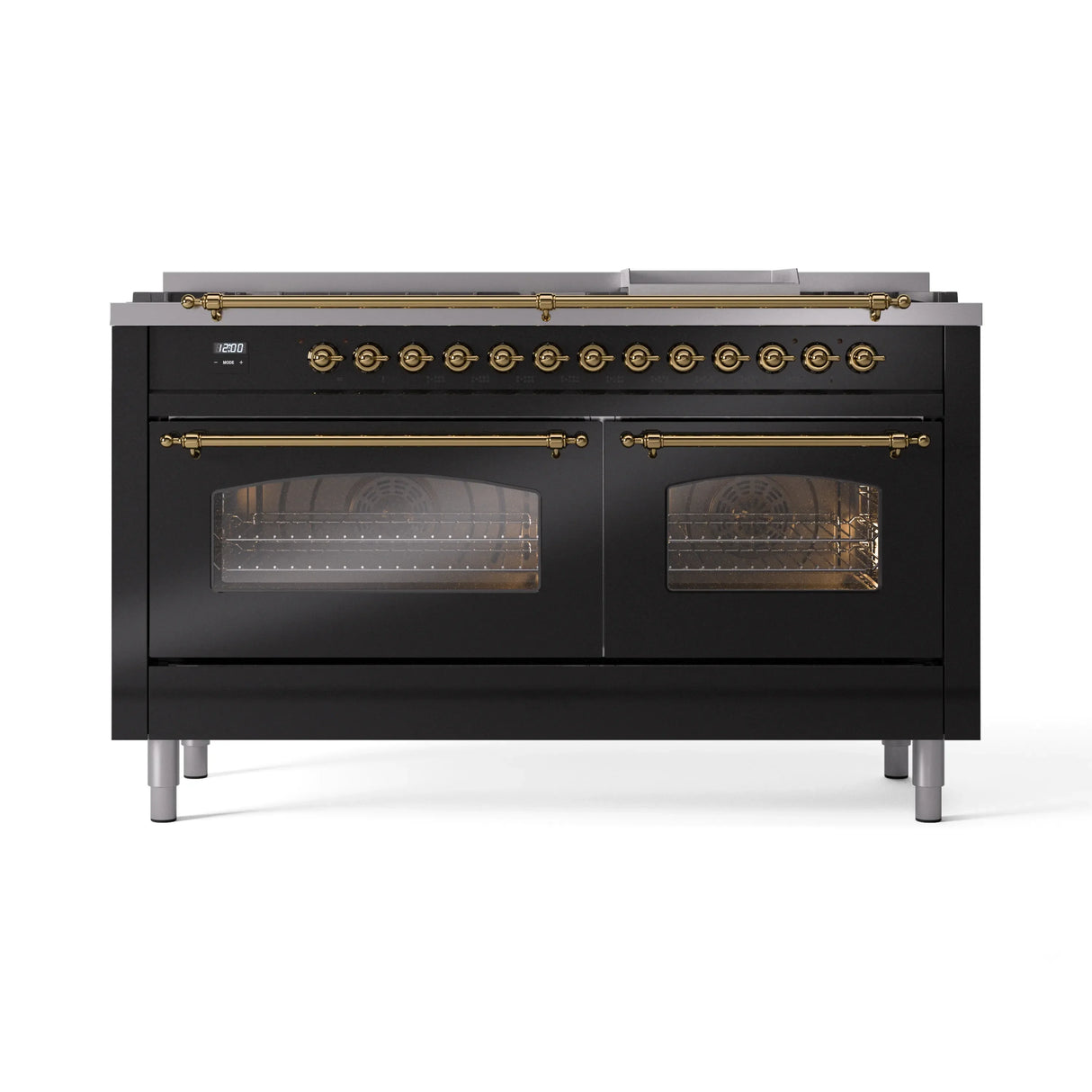 ILVE 60-Inch Nostalgie II Propane Gas Dual Fuel Range with 9 Burners, Griddle and Triple Glass Door Oven in Glossy Black with Brass Trim (UP60FNMPBKGLP)