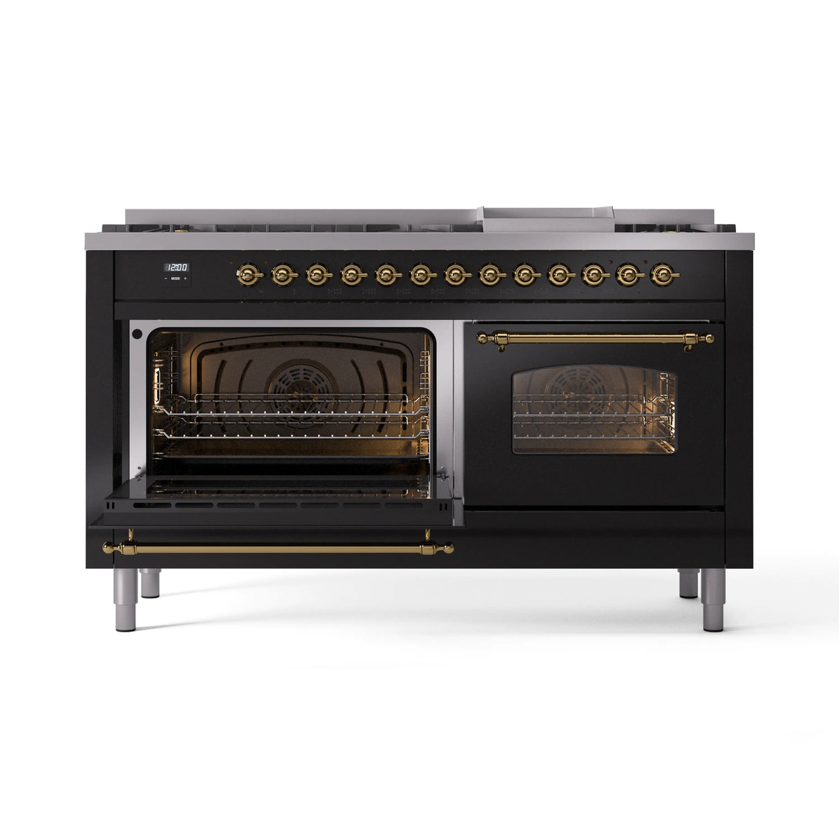 ILVE 60-Inch Nostalgie II Propane Gas Dual Fuel Range with 9 Burners, Griddle and Triple Glass Door Oven in Glossy Black with Brass Trim (UP60FNMPBKGLP)