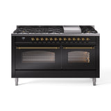 ILVE 60-Inch Nostalgie II Propane Gas Dual Fuel Range with 9 Burners, Griddle and Triple Glass Door Oven in Glossy Black with Brass Trim (UP60FNMPBKGLP)
