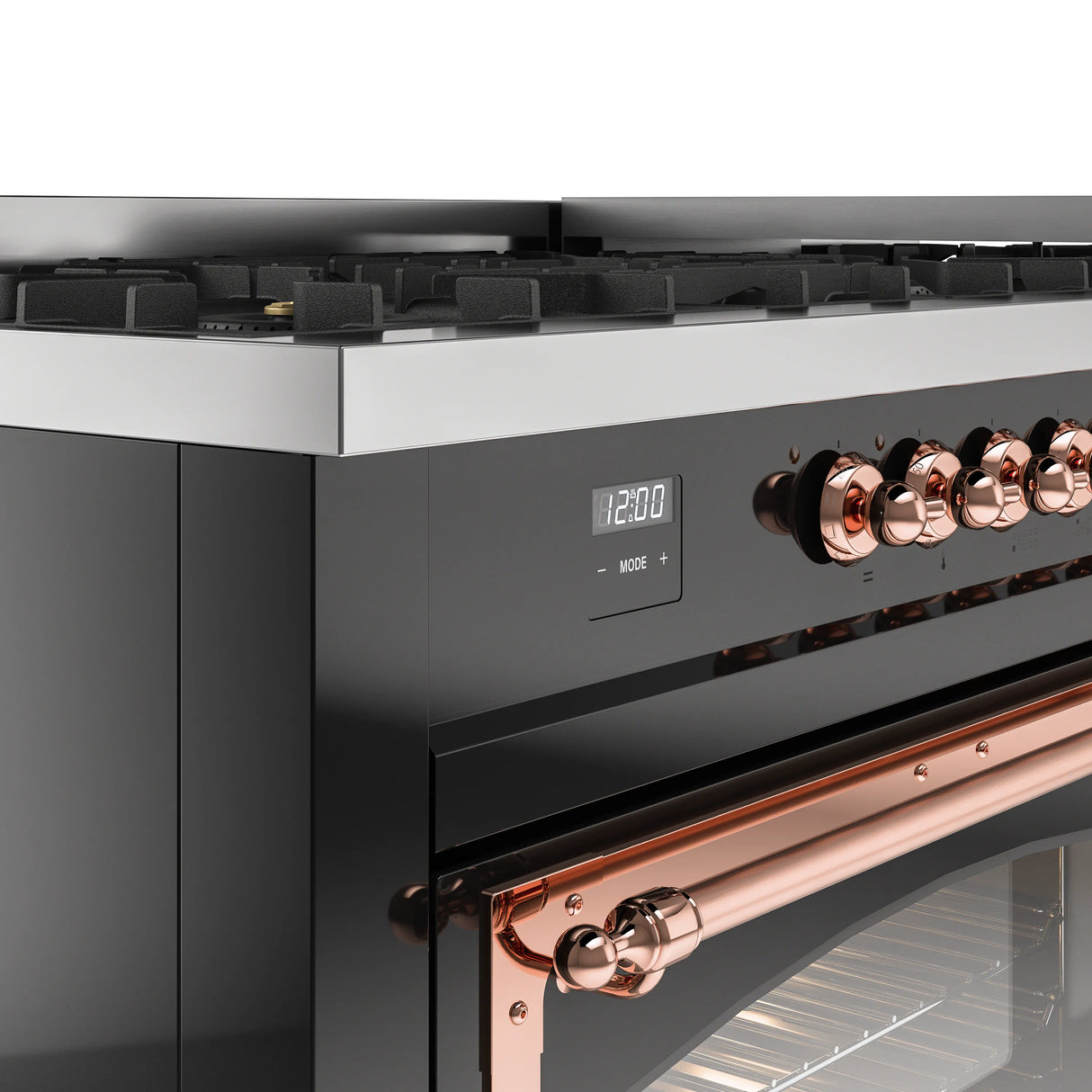 ILVE 60-Inch Nostalgie II Noblesse Propane Gas Dual Fuel Range with 9 Sealed Burners, Griddle, Triple Glass Door Oven in Glossy Black with Copper Trim (UN60FNMPBKPLP)