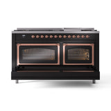 ILVE 60-Inch Nostalgie II Noblesse Propane Gas Dual Fuel Range with 9 Sealed Burners, Griddle, Triple Glass Door Oven in Glossy Black with Copper Trim (UN60FNMPBKPLP)