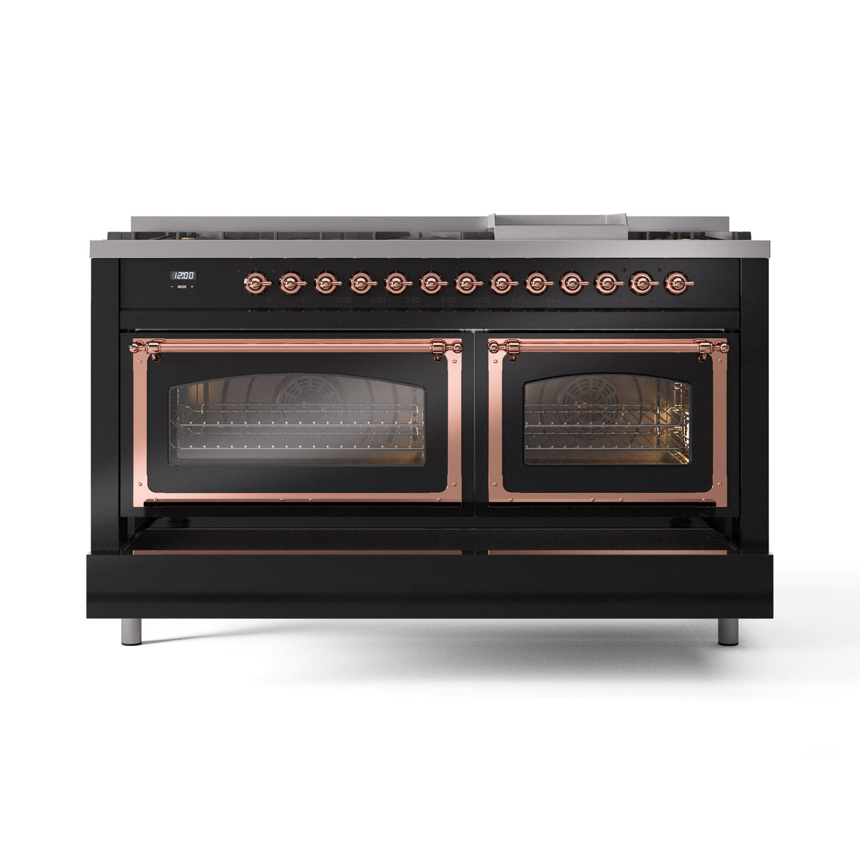 ILVE 60-Inch Nostalgie II Noblesse Natural Gas Dual Fuel Range   in Glossy Black with Copper Trim (UN60FNMPBKP)