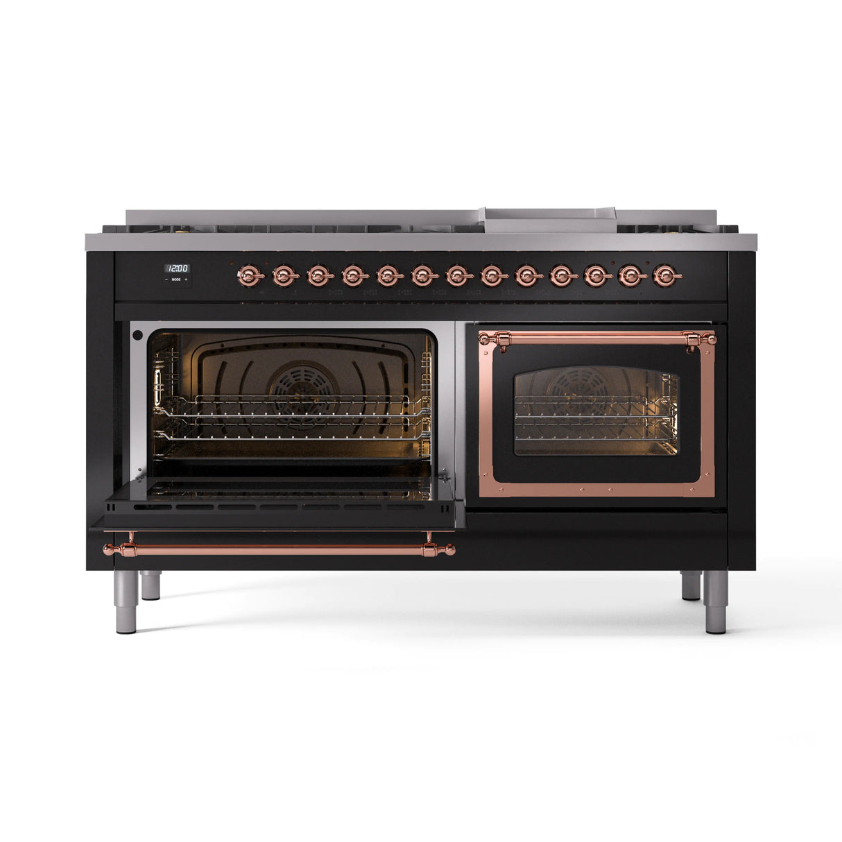 ILVE 60-Inch Nostalgie II Noblesse Natural Gas Dual Fuel Range   in Glossy Black with Copper Trim (UN60FNMPBKP)