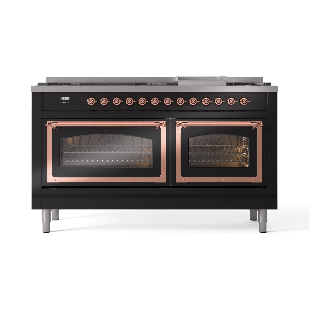 ILVE 60-Inch Nostalgie II Noblesse Propane Gas Dual Fuel Range with 9 Sealed Burners, Griddle, Triple Glass Door Oven in Glossy Black with Copper Trim (UN60FNMPBKPLP)