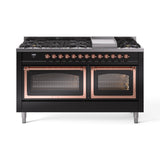 ILVE 60-Inch Nostalgie II Noblesse Propane Gas Dual Fuel Range with 9 Sealed Burners, Griddle, Triple Glass Door Oven in Glossy Black with Copper Trim (UN60FNMPBKPLP)