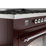 ILVE 60-Inch Nostalgie II Natural Gas Dual Fuel Range with 9 Burners, Griddle and Triple Glass Door Oven in Burgundy with Chrome Trim (UP60FNMPBUC)