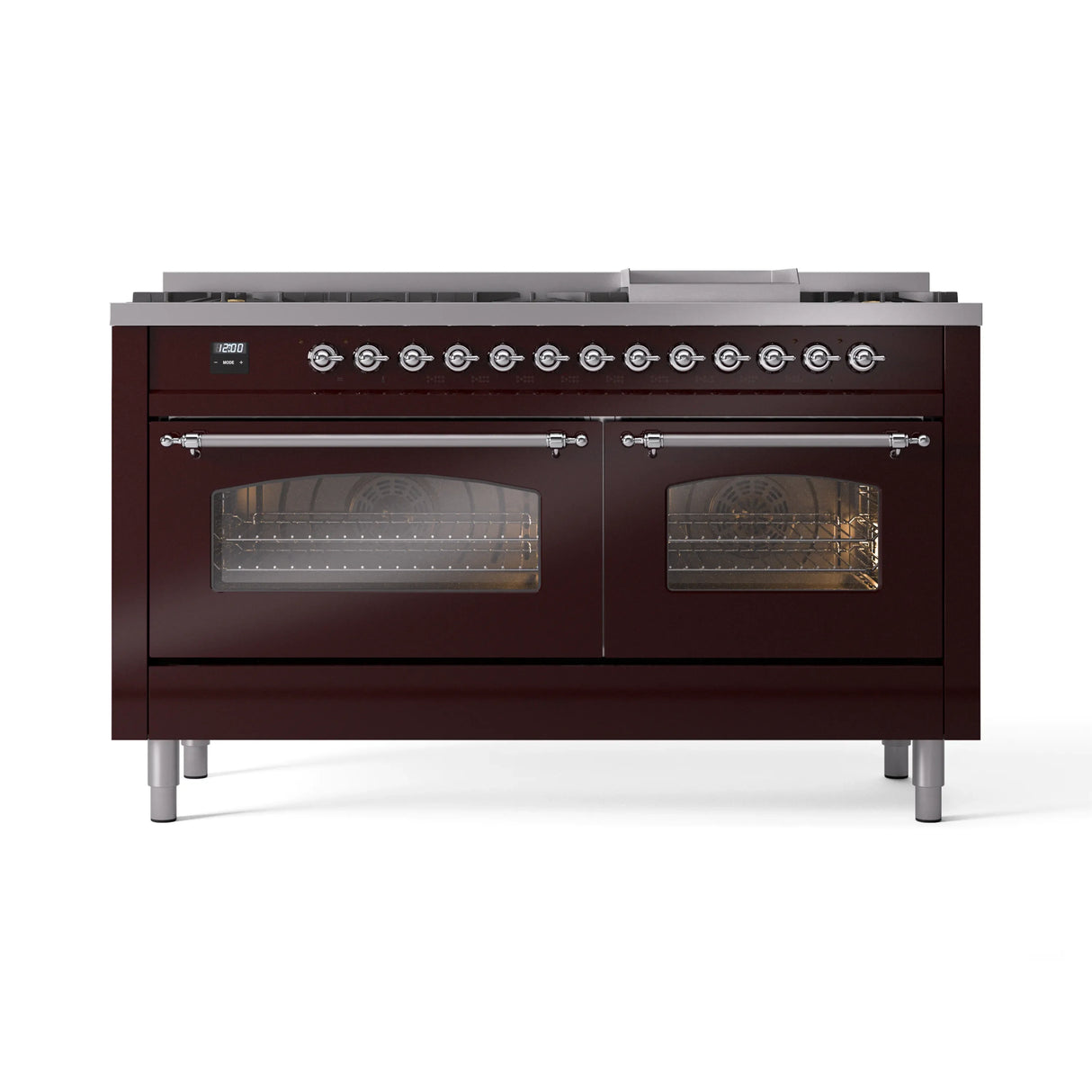 ILVE 60-Inch Nostalgie II Natural Gas Dual Fuel Range with 9 Burners, Griddle and Triple Glass Door Oven in Burgundy with Chrome Trim (UP60FNMPBUC)