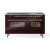 ILVE 60-Inch Nostalgie II Natural Gas Dual Fuel Range with 9 Burners, Griddle and Triple Glass Door Oven in Burgundy with Chrome Trim (UP60FNMPBUC)