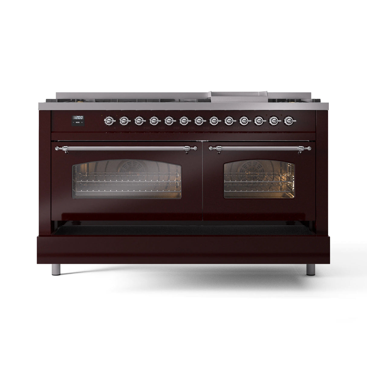 ILVE 60-Inch Nostalgie II Natural Gas Dual Fuel Range with 9 Burners, Griddle and Triple Glass Door Oven in Burgundy with Chrome Trim (UP60FNMPBUC)