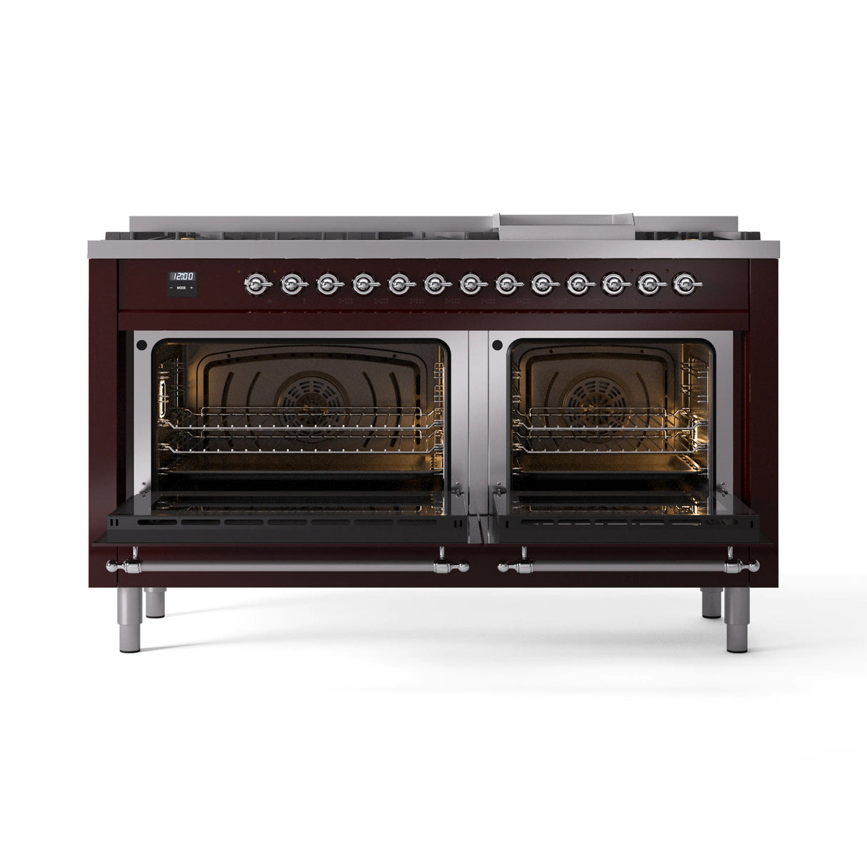 ILVE 60-Inch Nostalgie II Natural Gas Dual Fuel Range with 9 Burners, Griddle and Triple Glass Door Oven in Burgundy with Chrome Trim (UP60FNMPBUC)