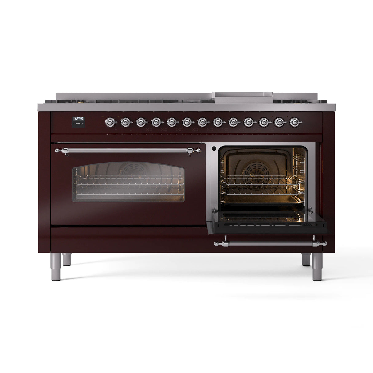 ILVE 60-Inch Nostalgie II Natural Gas Dual Fuel Range with 9 Burners, Griddle and Triple Glass Door Oven in Burgundy with Chrome Trim (UP60FNMPBUC)
