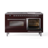 ILVE 60-Inch Nostalgie II Natural Gas Dual Fuel Range with 9 Burners, Griddle and Triple Glass Door Oven in Burgundy with Chrome Trim (UP60FNMPBUC)