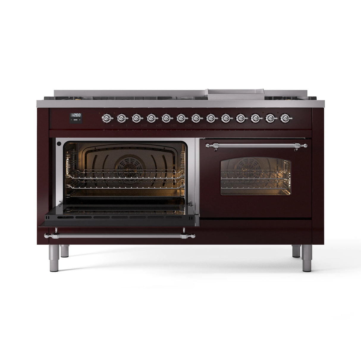 ILVE 60-Inch Nostalgie II Natural Gas Dual Fuel Range with 9 Burners, Griddle and Triple Glass Door Oven in Burgundy with Chrome Trim (UP60FNMPBUC)