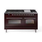 ILVE 60-Inch Nostalgie II Natural Gas Dual Fuel Range with 9 Burners, Griddle and Triple Glass Door Oven in Burgundy with Chrome Trim (UP60FNMPBUC)