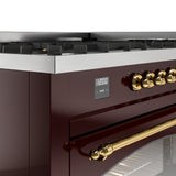 ILVE 60-Inch Nostalgie II Natural Gas Dual Fuel Range with 9 Burners, Griddle and Triple Glass Door Oven in Burgundy with Brass Trim (UP60FNMPBUG)