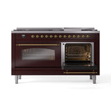 ILVE 60-Inch Nostalgie II Natural Gas Dual Fuel Range with 9 Burners, Griddle and Triple Glass Door Oven in Burgundy with Brass Trim (UP60FNMPBUG)