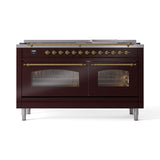 ILVE 60-Inch Nostalgie II Natural Gas Dual Fuel Range with 9 Burners, Griddle and Triple Glass Door Oven in Burgundy with Brass Trim (UP60FNMPBUG)