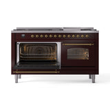 ILVE 60-Inch Nostalgie II Natural Gas Dual Fuel Range with 9 Burners, Griddle and Triple Glass Door Oven in Burgundy with Brass Trim (UP60FNMPBUG)