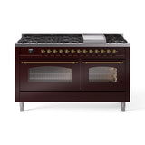ILVE 60-Inch Nostalgie II Natural Gas Dual Fuel Range with 9 Burners, Griddle and Triple Glass Door Oven in Burgundy with Brass Trim (UP60FNMPBUG)