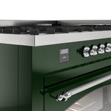 ILVE 60-Inch Nostalgie II Natural Gas Dual Fuel Range with 9 Burners, Griddle and Triple Glass Door Oven in Emerald Green with Chrome Trim (UP60FNMPEGC)