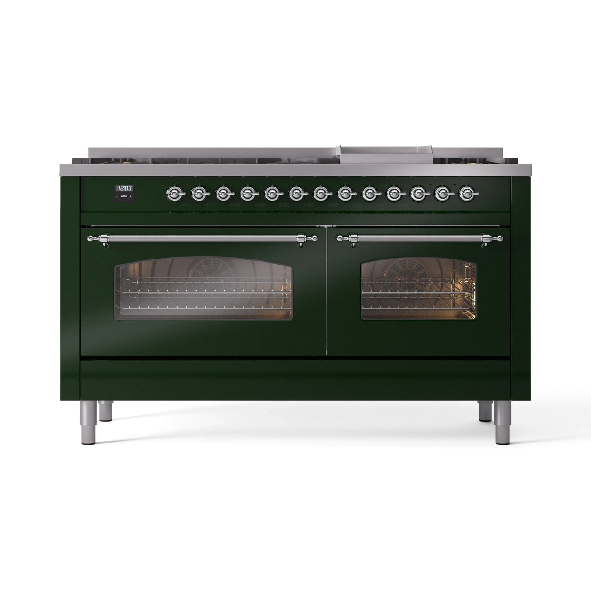 ILVE 60-Inch Nostalgie II Natural Gas Dual Fuel Range with 9 Burners, Griddle and Triple Glass Door Oven in Emerald Green with Chrome Trim (UP60FNMPEGC)