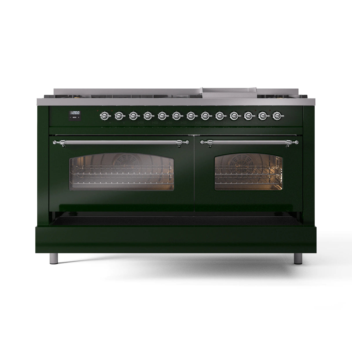 ILVE 60-Inch Nostalgie II Natural Gas Dual Fuel Range with 9 Burners, Griddle and Triple Glass Door Oven in Emerald Green with Chrome Trim (UP60FNMPEGC)