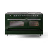 ILVE 60-Inch Nostalgie II Natural Gas Dual Fuel Range with 9 Burners, Griddle and Triple Glass Door Oven in Emerald Green with Chrome Trim (UP60FNMPEGC)