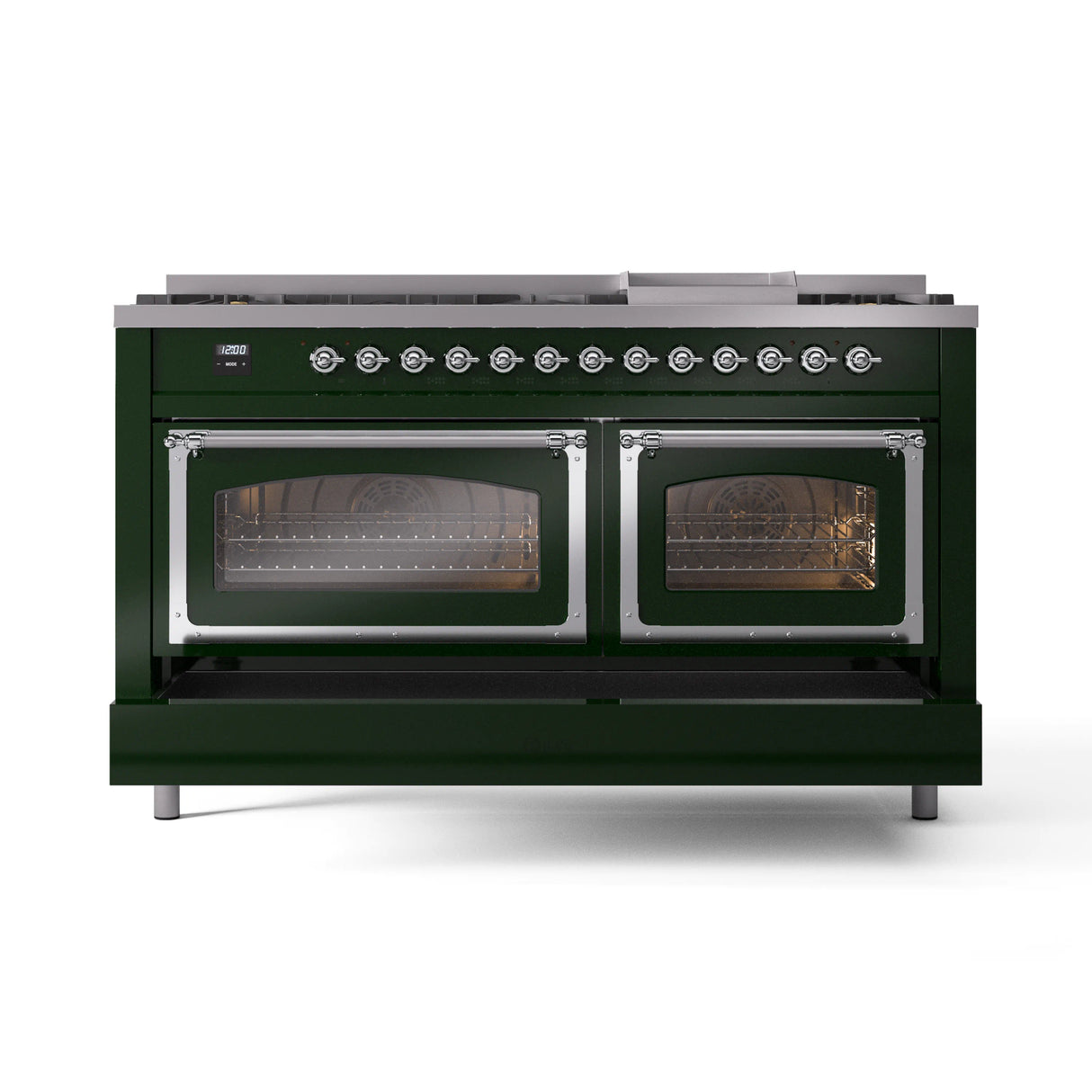 ILVE 60-Inch Nostalgie II Noblesse Propane Gas Dual Fuel Range with 9 Sealed Burners, Griddle, Triple Glass Door Oven in Emerald Green with Chrome Trim (UN60FNMPEGCLP)
