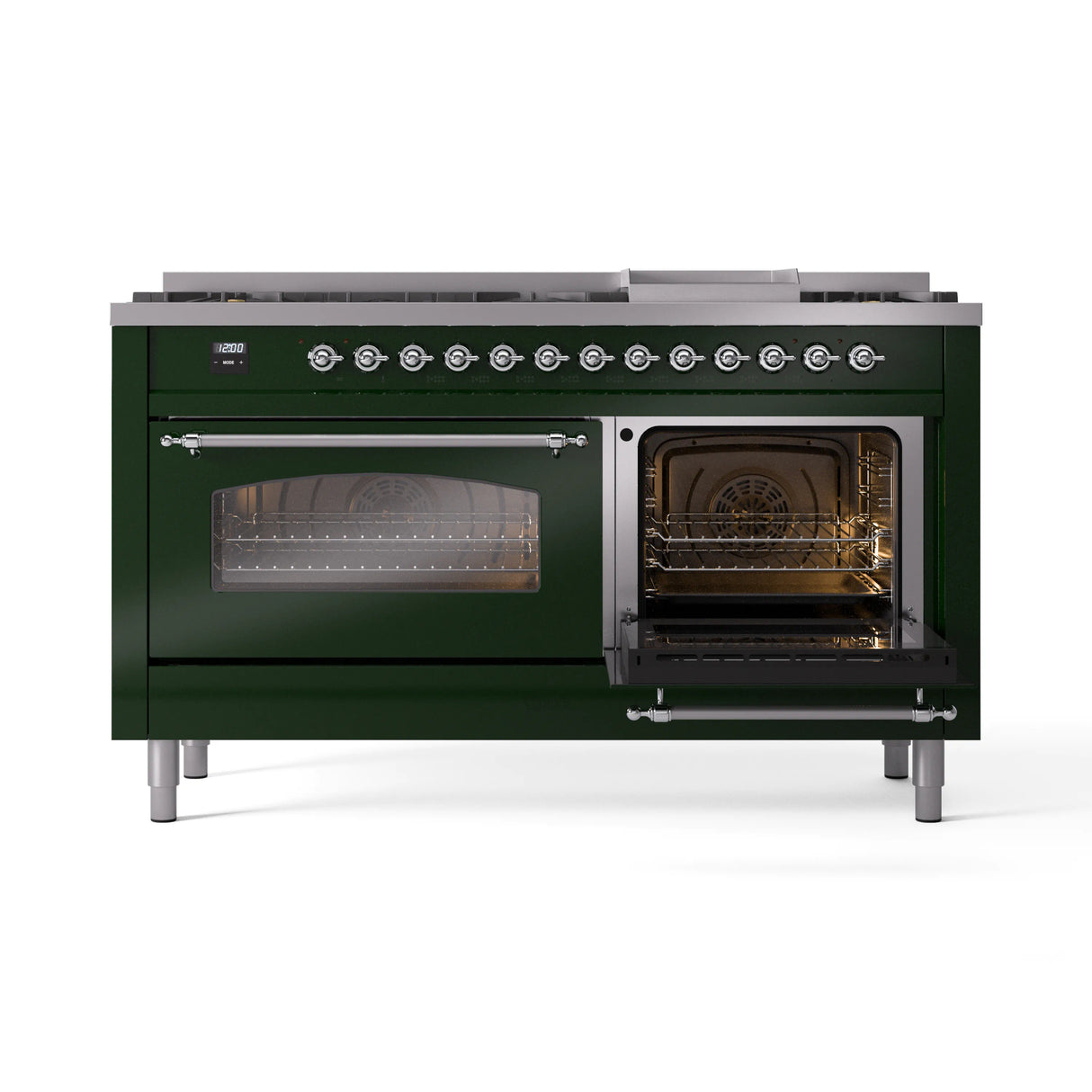 ILVE 60-Inch Nostalgie II Natural Gas Dual Fuel Range with 9 Burners, Griddle and Triple Glass Door Oven in Emerald Green with Chrome Trim (UP60FNMPEGC)