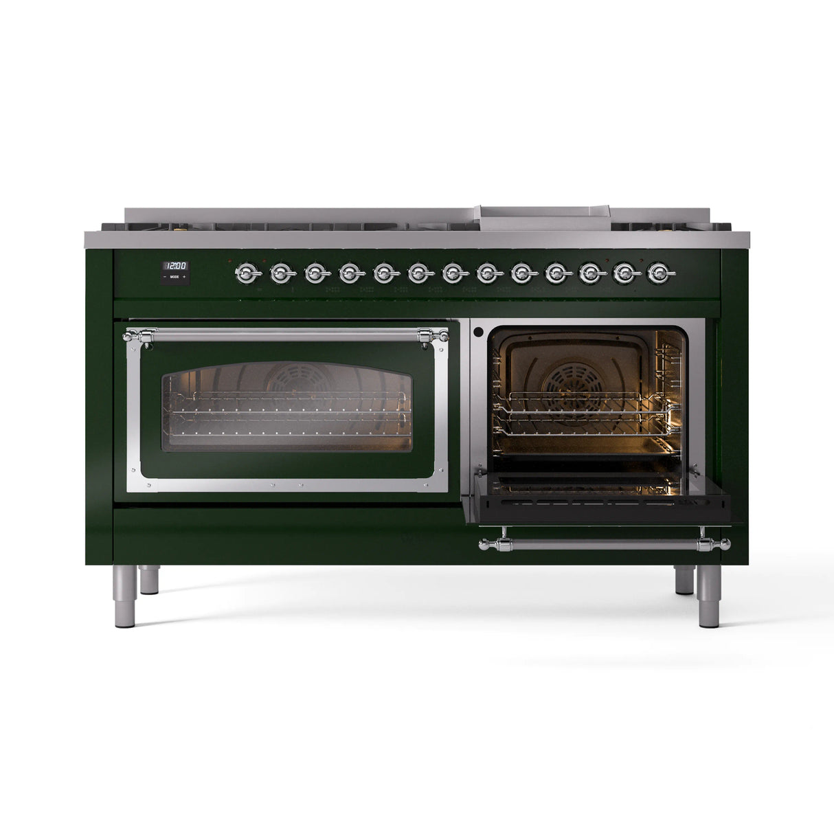 ILVE 60-Inch Nostalgie II Noblesse Propane Gas Dual Fuel Range with 9 Sealed Burners, Griddle, Triple Glass Door Oven in Emerald Green with Chrome Trim (UN60FNMPEGCLP)