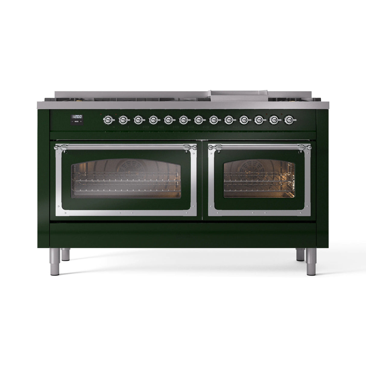 ILVE 60-Inch Nostalgie II Noblesse Propane Gas Dual Fuel Range with 9 Sealed Burners, Griddle, Triple Glass Door Oven in Emerald Green with Chrome Trim (UN60FNMPEGCLP)