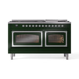 ILVE 60-Inch Nostalgie II Noblesse Propane Gas Dual Fuel Range with 9 Sealed Burners, Griddle, Triple Glass Door Oven in Emerald Green with Chrome Trim (UN60FNMPEGCLP)