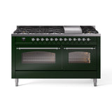 ILVE 60-Inch Nostalgie II Natural Gas Dual Fuel Range with 9 Burners, Griddle and Triple Glass Door Oven in Emerald Green with Chrome Trim (UP60FNMPEGC)