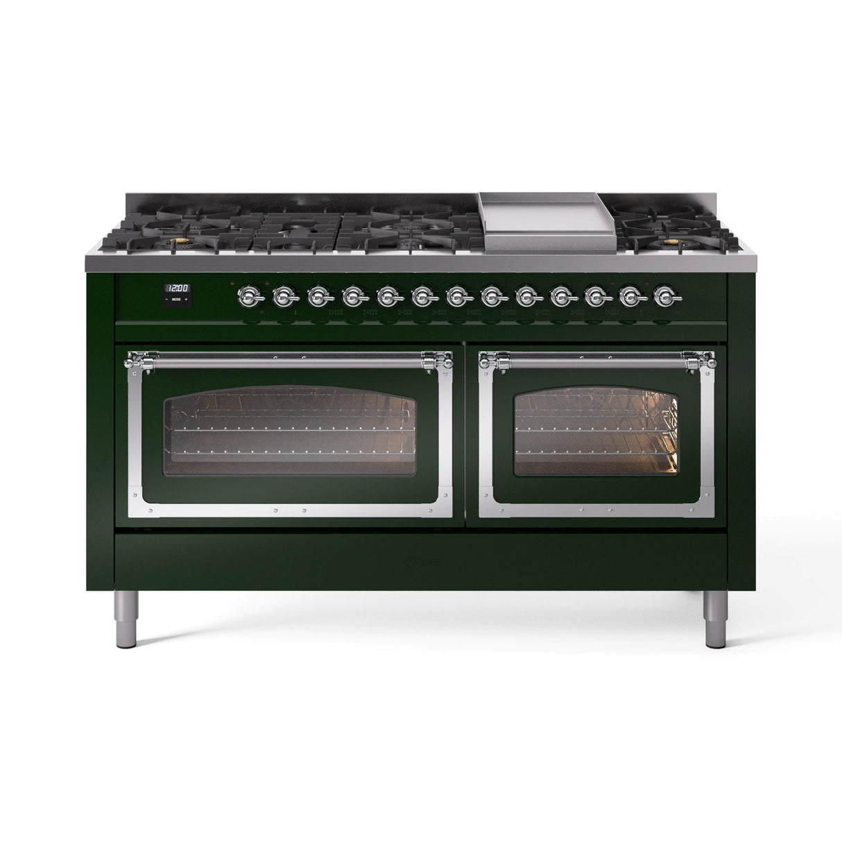 ILVE 60-Inch Nostalgie II Noblesse Propane Gas Dual Fuel Range with 9 Sealed Burners, Griddle, Triple Glass Door Oven in Emerald Green with Chrome Trim (UN60FNMPEGCLP)