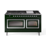 ILVE 60-Inch Nostalgie II Noblesse Propane Gas Dual Fuel Range with 9 Sealed Burners, Griddle, Triple Glass Door Oven in Emerald Green with Chrome Trim (UN60FNMPEGCLP)