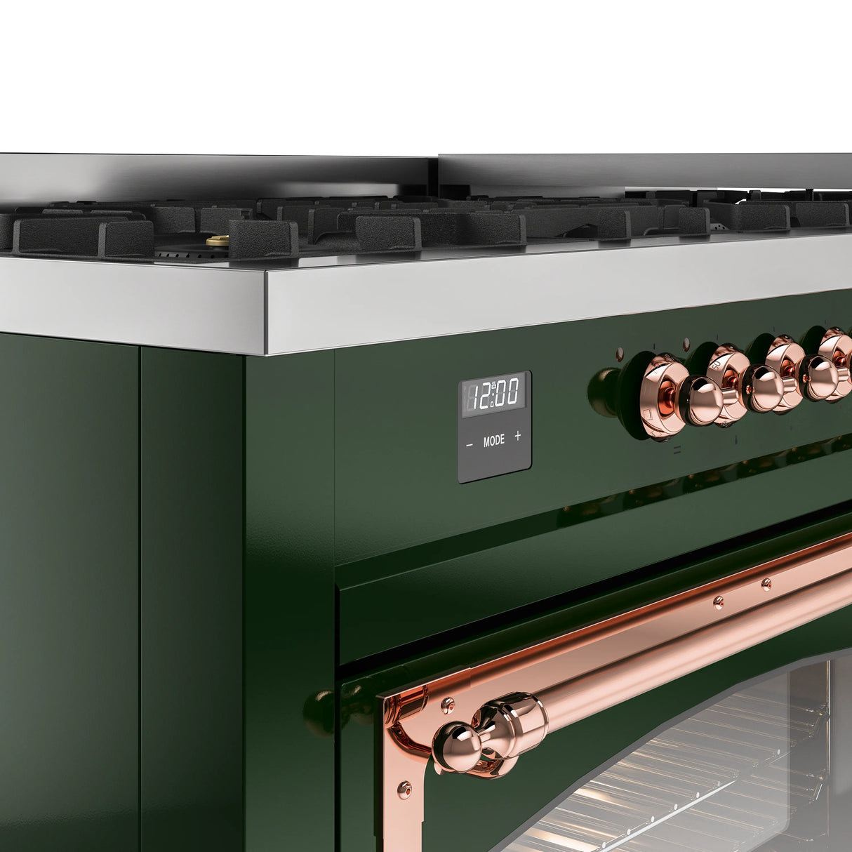 ILVE 60-Inch Nostalgie II Noblesse Propane Gas Dual Fuel Range with 9 Sealed Burners, Griddle, Triple Glass Door Oven in Emerald Green with Copper Trim (UN60FNMPEGPLP)