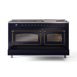ILVE 60-Inch Nostalgie II Noblesse Propane Gas Dual Fuel Range with 9 Sealed Burners, Griddle, Triple Glass Door Oven in Midnight Blue with Bronze Trim (UN60FNMPMBBLP)