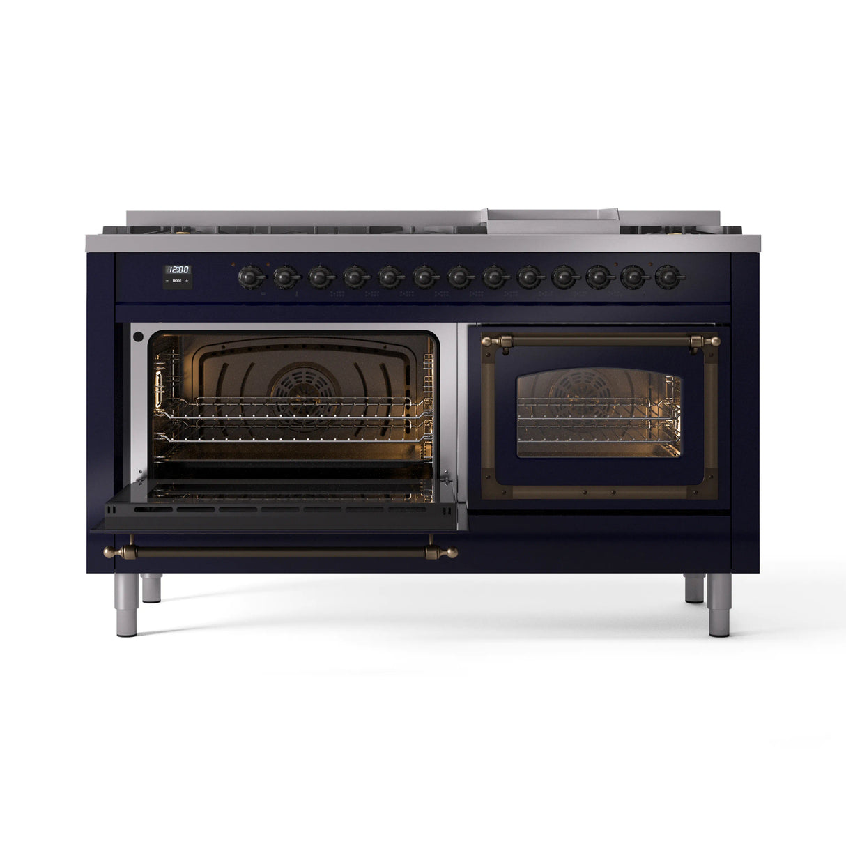 ILVE 60-Inch Nostalgie II Noblesse Propane Gas Dual Fuel Range with 9 Sealed Burners, Griddle, Triple Glass Door Oven in Midnight Blue with Bronze Trim (UN60FNMPMBBLP)