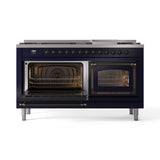 ILVE 60-Inch Nostalgie II Noblesse Propane Gas Dual Fuel Range with 9 Sealed Burners, Griddle, Triple Glass Door Oven in Midnight Blue with Bronze Trim (UN60FNMPMBBLP)