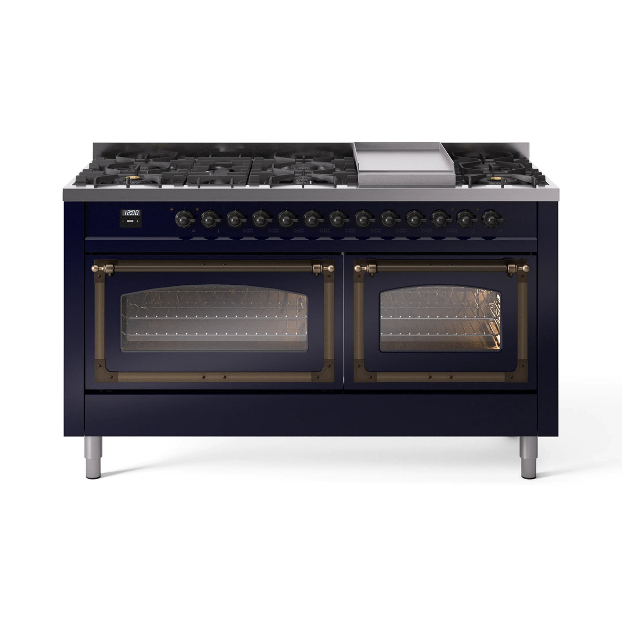ILVE 60-Inch Nostalgie II Noblesse Propane Gas Dual Fuel Range with 9 Sealed Burners, Griddle, Triple Glass Door Oven in Midnight Blue with Bronze Trim (UN60FNMPMBBLP)