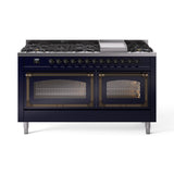 ILVE 60-Inch Nostalgie II Noblesse Propane Gas Dual Fuel Range with 9 Sealed Burners, Griddle, Triple Glass Door Oven in Midnight Blue with Bronze Trim (UN60FNMPMBBLP)