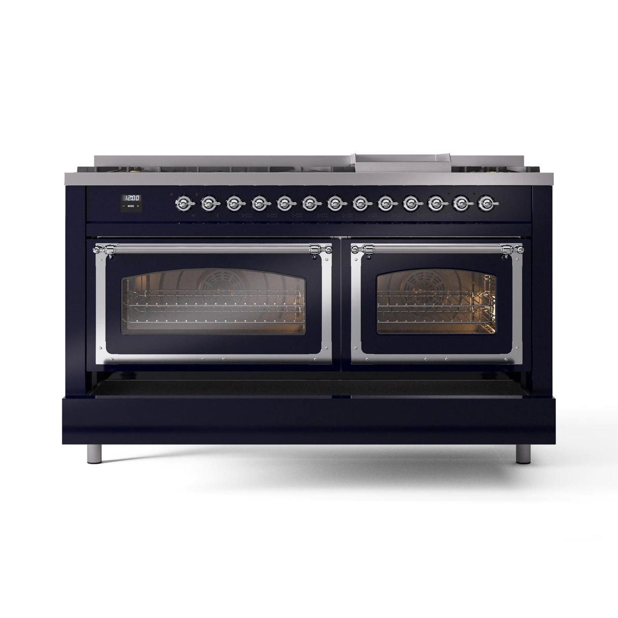 ILVE 60-Inch Nostalgie II Noblesse Propane Gas Dual Fuel Range with 9 Sealed Burners, Griddle, Triple Glass Door Oven in Midnight Blue with Chrome Trim (UN60FNMPMBCLP)